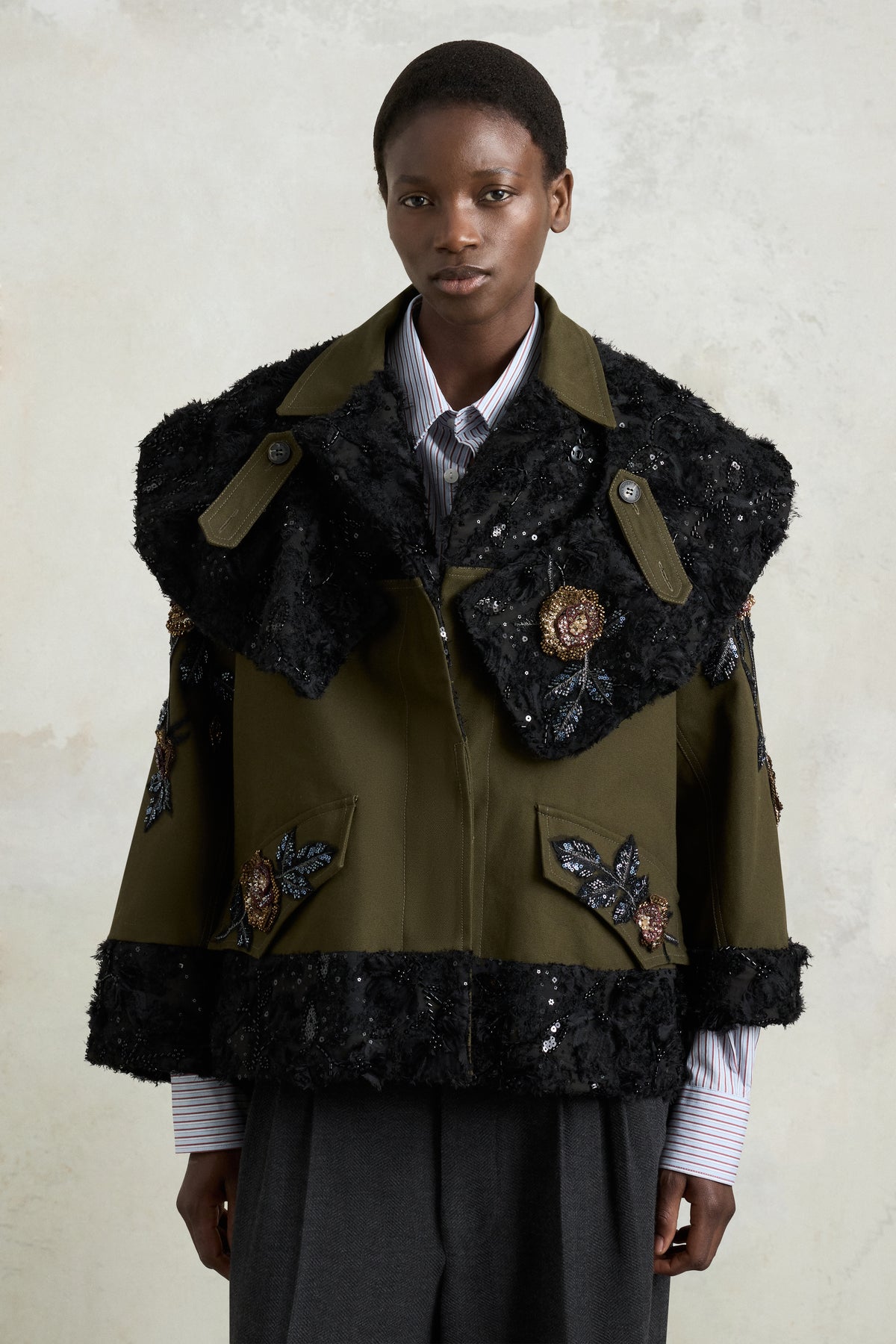 Parka with Embroidered Rose Cape