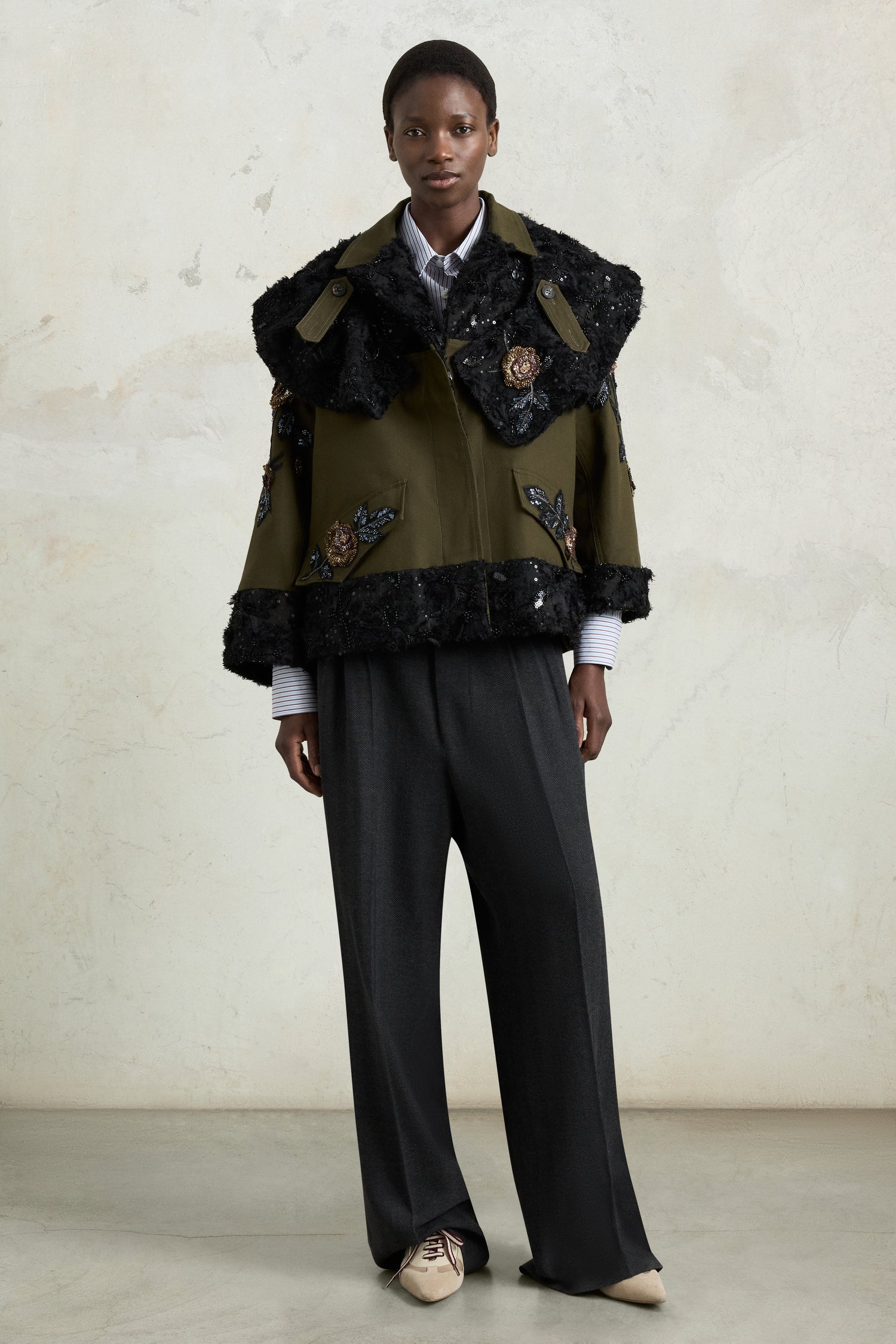 Parka with Embroidered Rose Cape