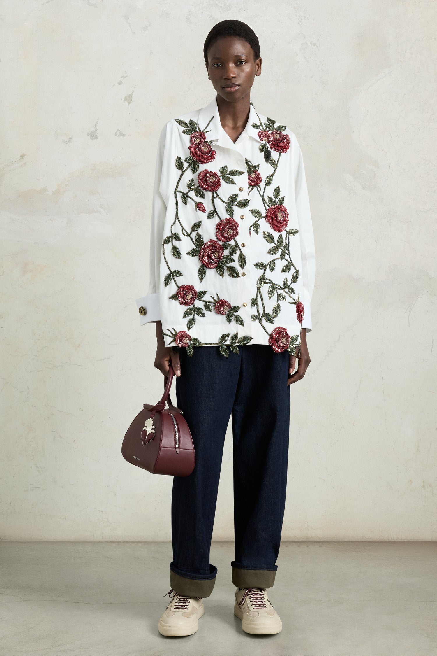 White Floral Embroidered Robespierre Shirt