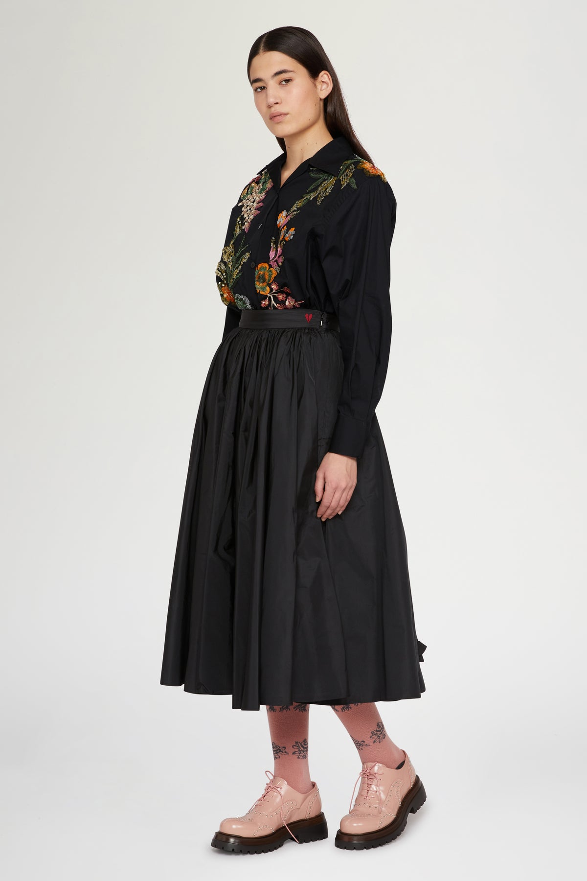 Black Cotton Shirt with Floral Embroidery