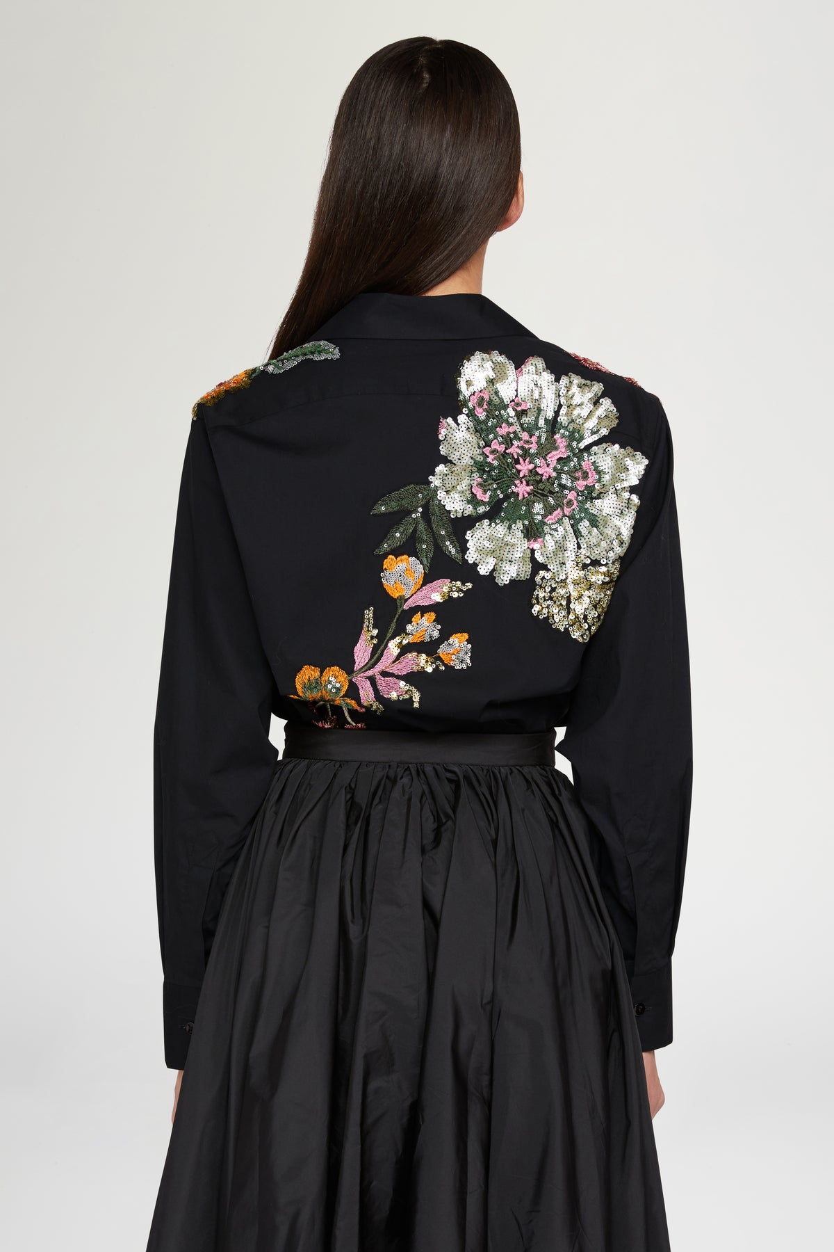 Black Cotton Shirt with Floral Embroidery