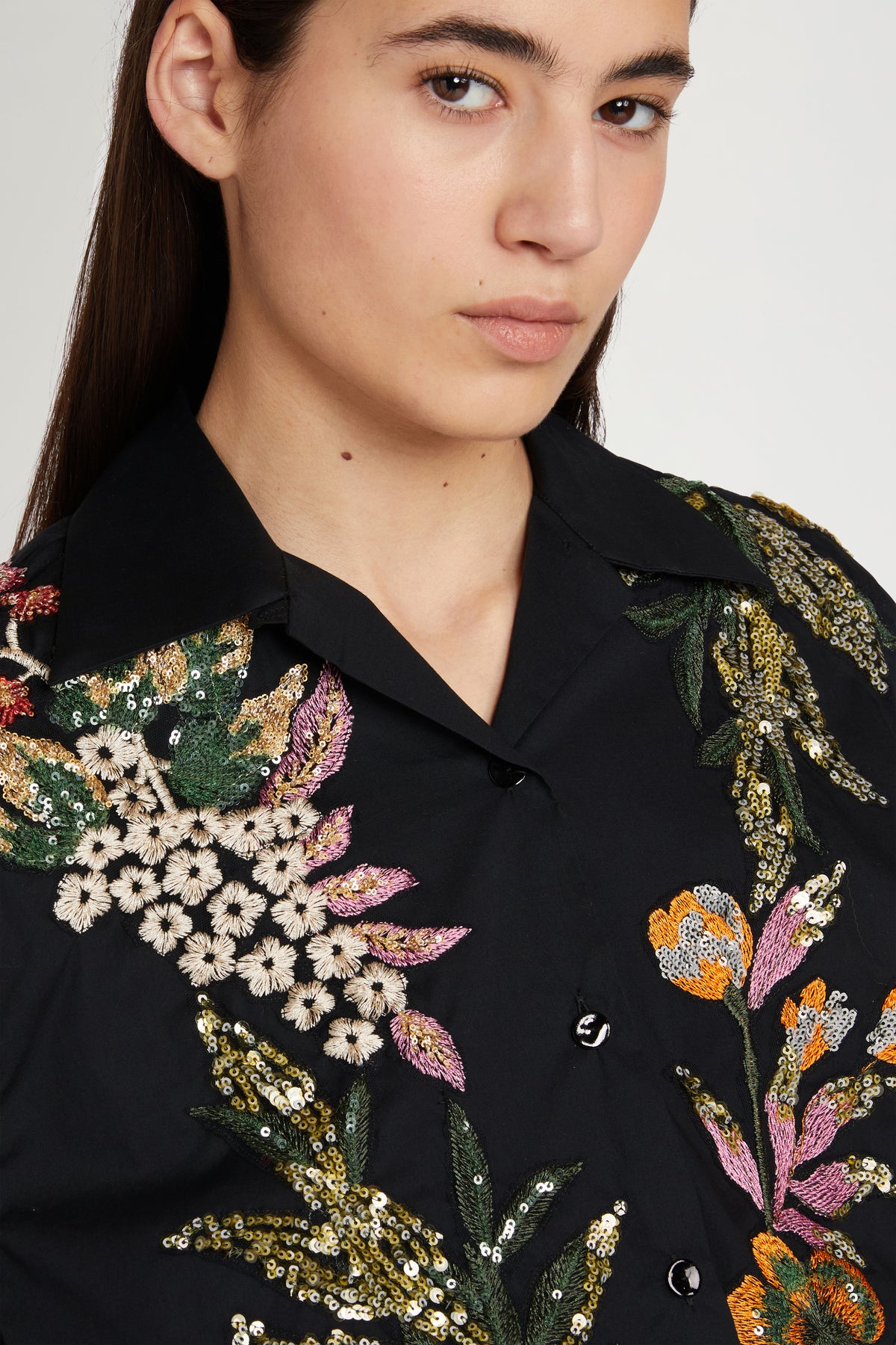 Black Cotton Shirt with Floral Embroidery