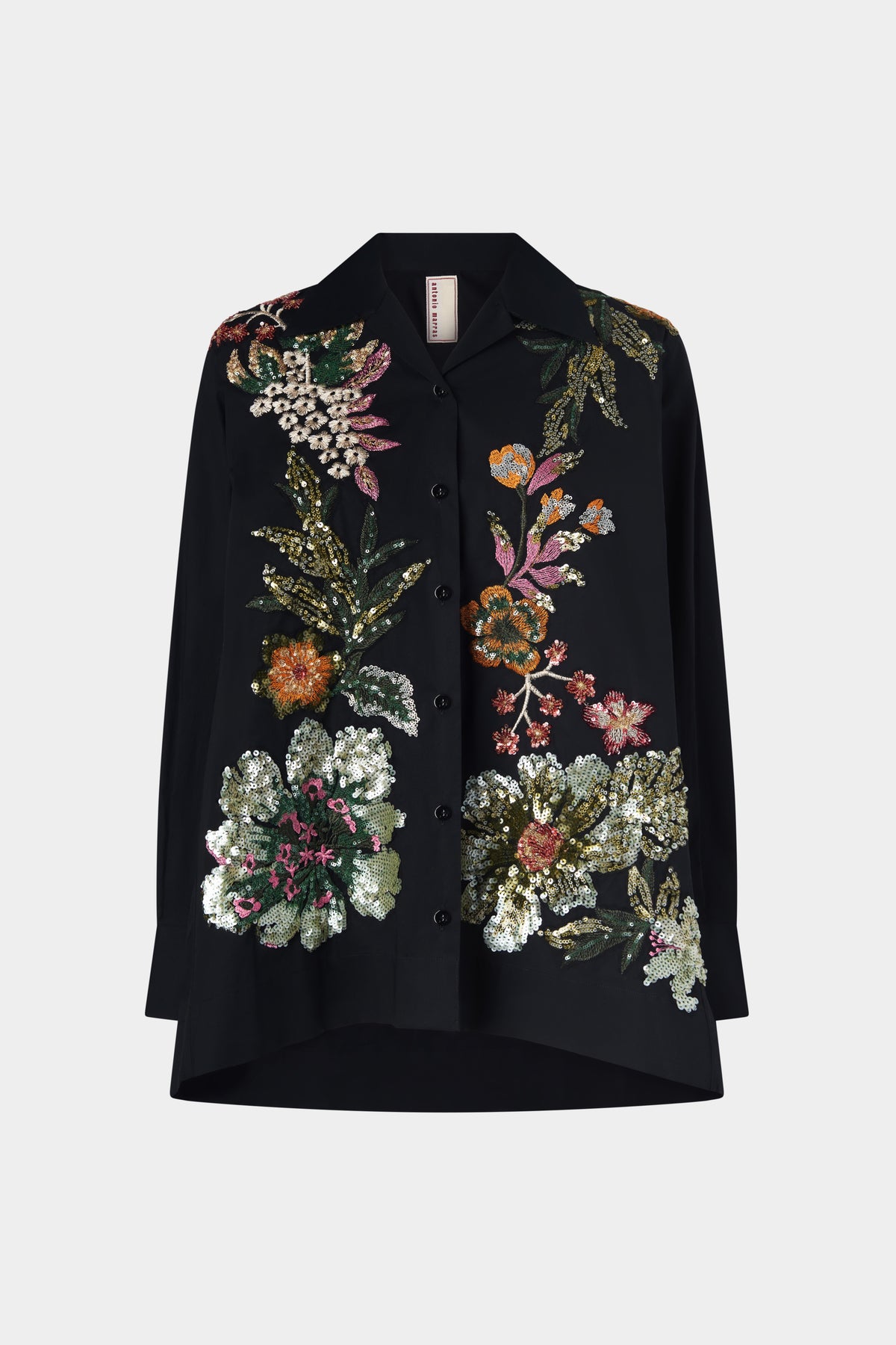 Black Cotton Shirt with Floral Embroidery