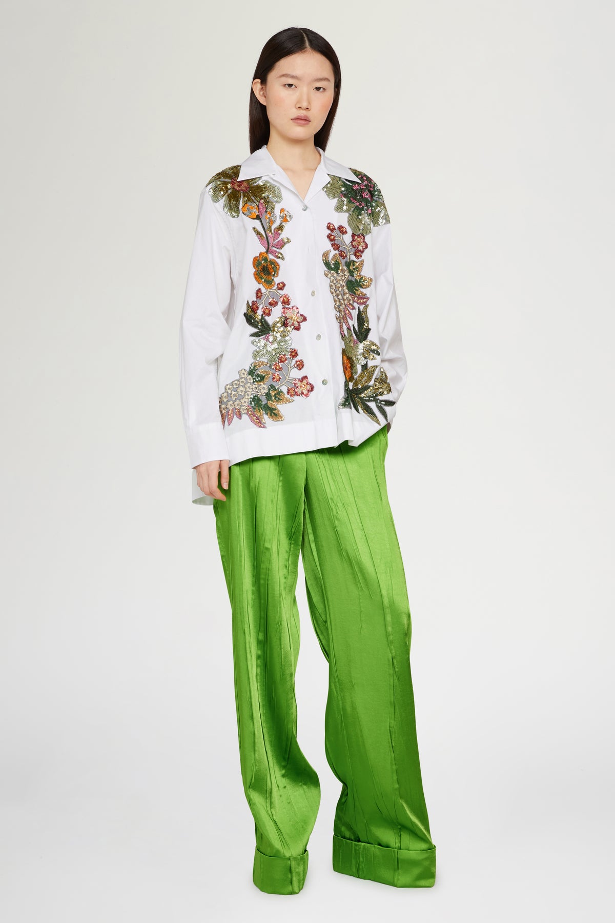 White Cotton Shirt with Floral Embroidery