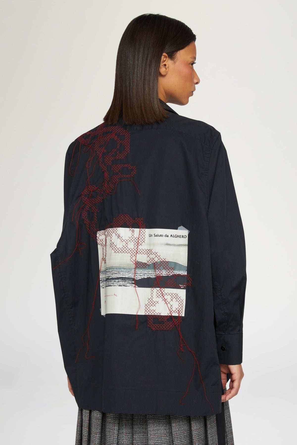 Black Cotton Shirt with Embroidery and Print