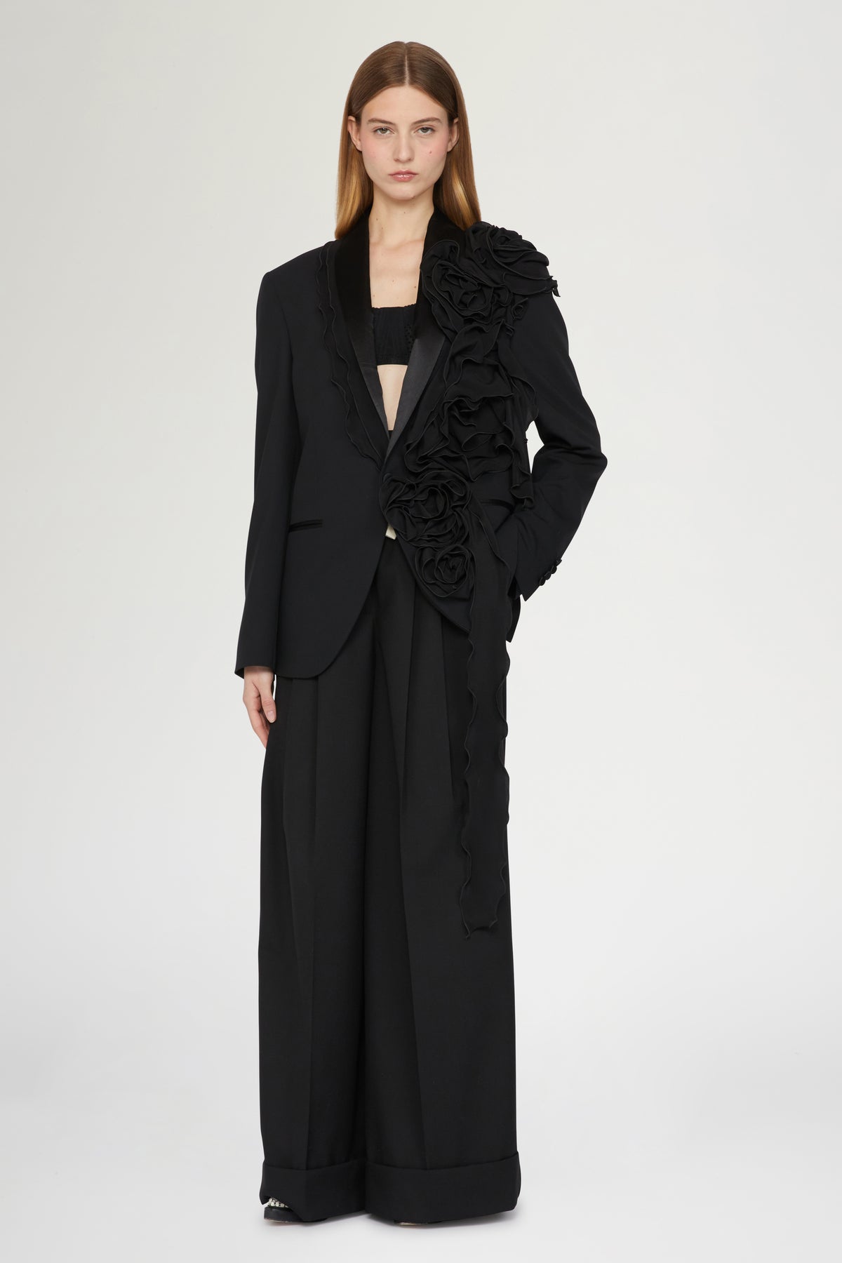 Oversized Tuxedo with Chiffon Ruffles