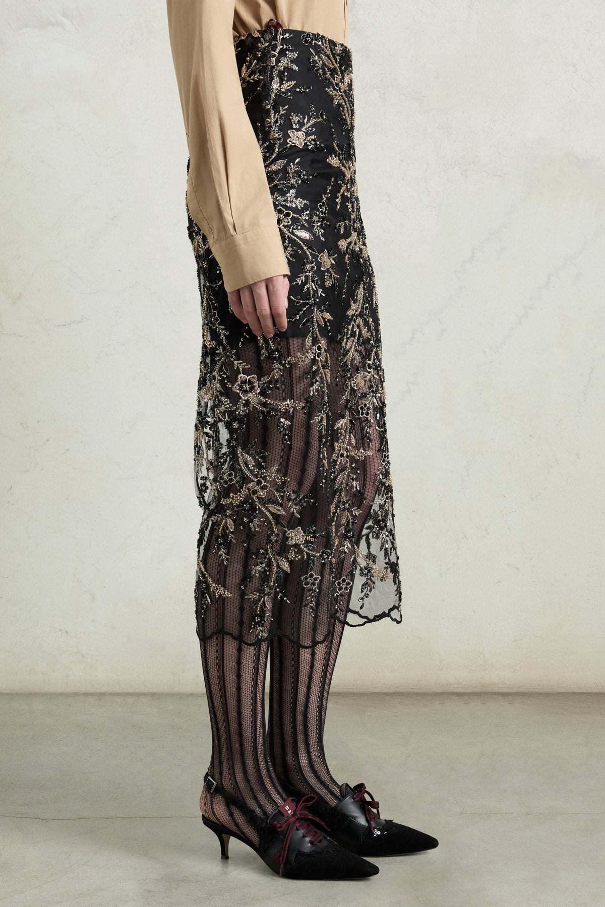 Embroidered Tulle Pencil Skirt