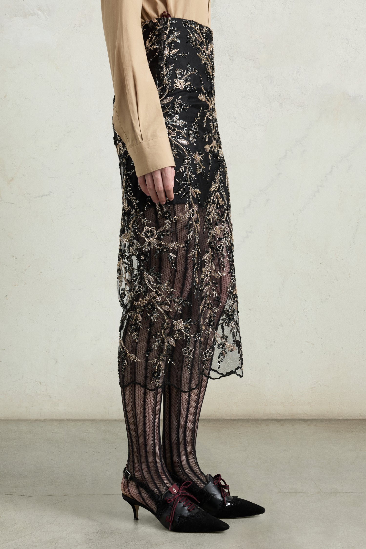Embroidered Tulle Pencil Skirt