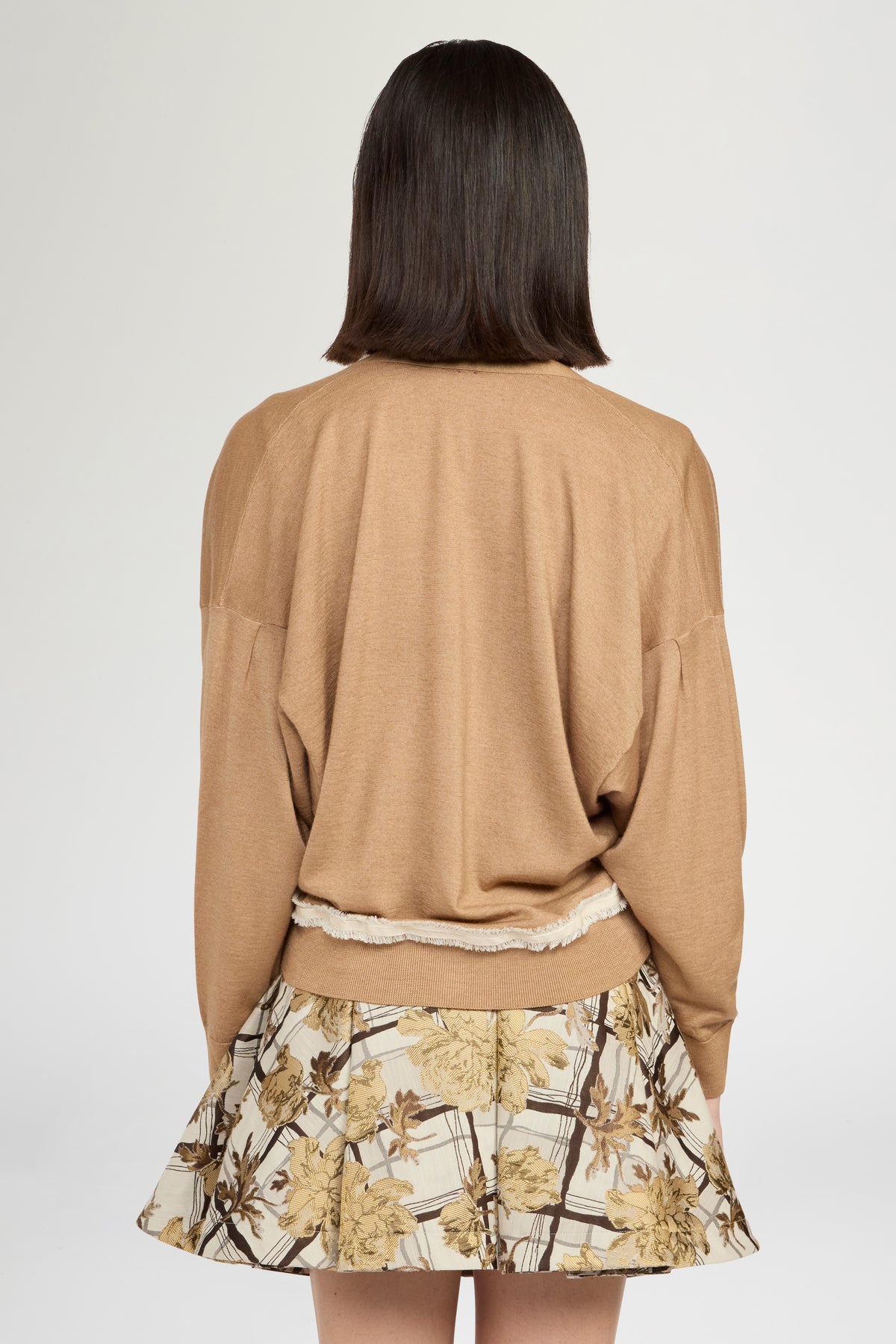 V-Neck Camel Cashmere Cardigan With Contrast Detail